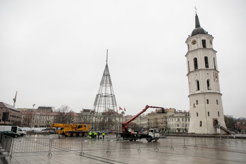 Vilniuje pradėta statyti Kalėdų eglė, papuošimai nušvies ir kitas sostinės centrines dalis