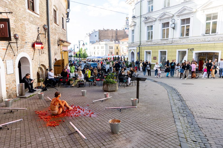 Įspūdingas A. Jagelavičiūtės performansas: žinoma moteris apmėtyta pomidorais