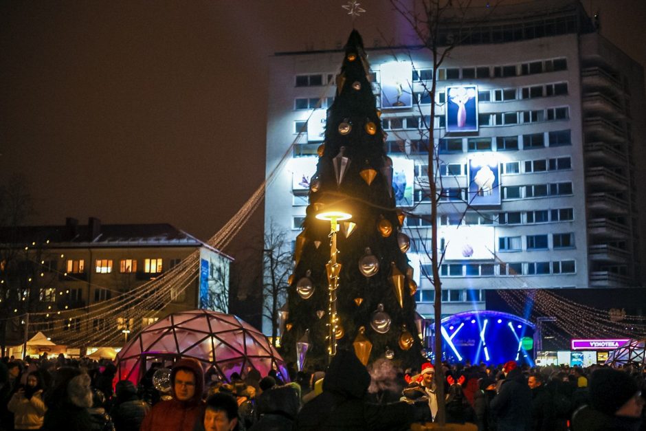 Panevėžyje sužibo Kalėdų eglė: žaliaskarė tapo pagrindine miesto puošmena 